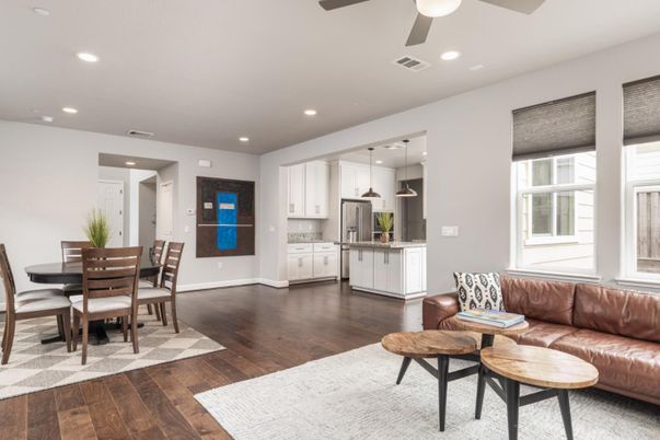 Dining room, Interior, Kitchen, Living room, Recessed Lighting, Wood Texture Flooring