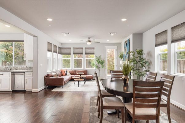 Dining room, Interior, Living room, Recessed Lighting, Wood Texture Flooring