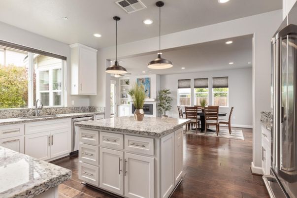 Dining room, Interior, Kitchen, Pendant Lights, Recessed Lighting, Stainless Steel Appliances, Wood Texture Flooring