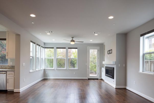Empty room, Fireplace, Interior, Recessed Lighting, Wood Texture Flooring