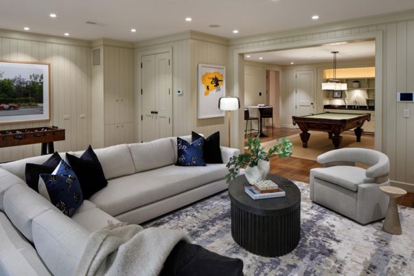 Billiard Table, Game Room, Interior, Living room, Pendant Lights, Recessed Lighting, Wood Texture Flooring