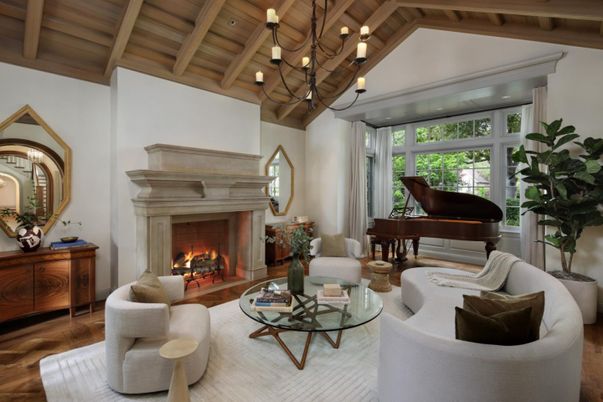 Chandelier, Fireplace, Interior, Living room, Piano, Wooden Beams, Wooden Ceilings, Wood Texture Flooring