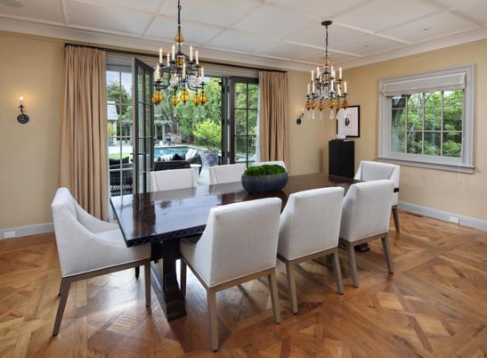 Chandelier, Dining room, Interior, Pendant Lights, Wood Texture Flooring