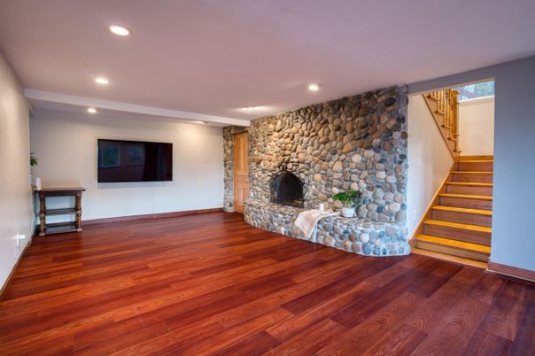 Fireplace, Interior, Recessed Lighting, Stone Walls, Wood Texture Flooring