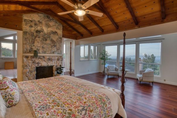 Bedroom, Fireplace, Interior, Stone Walls, Wooden Beams, Wooden Ceilings, Wood Texture Flooring