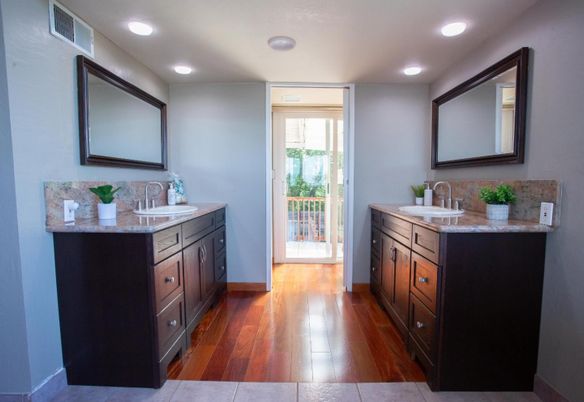 Bathroom, Dual Sink Vanities, Interior, Recessed Lighting, Wood Texture Flooring