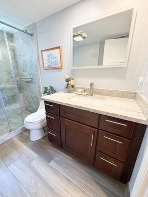 Bathroom, Dual Sink Vanities, Glass Shower, Interior, Wood Texture Flooring