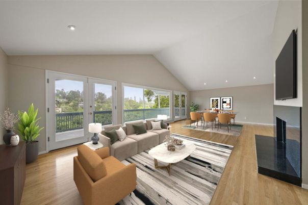 Dining room, Fireplace, Interior, Living room, Recessed Lighting, Wood Texture Flooring