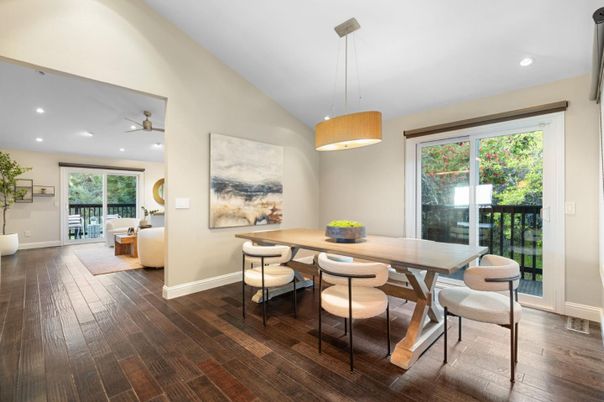 Dining room, Interior, Pendant Lights, Recessed Lighting, Wood Texture Flooring