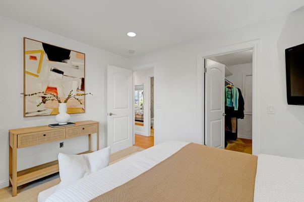 Bedroom, Interior, Recessed Lighting, Wood Texture Flooring