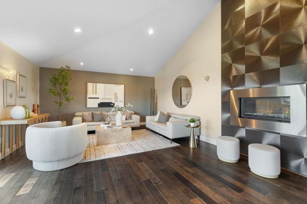 Fireplace, Interior, Living room, Recessed Lighting, Wood Texture Flooring