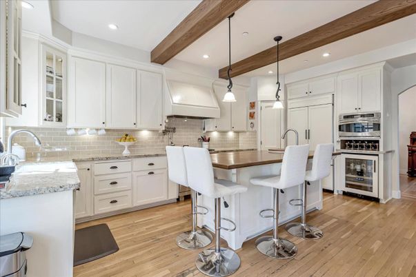 Interior, Kitchen, Pendant Lights, Recessed Lighting, Stainless Steel Appliances, Wooden Beams, Wood Texture Flooring
