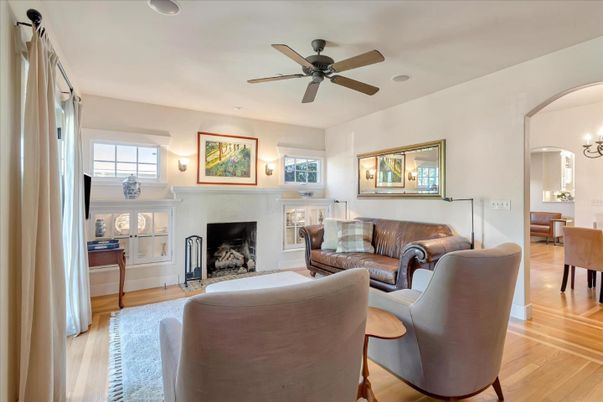 Dining room, Fireplace, Interior, Living room, Recessed Lighting, Wood Texture Flooring