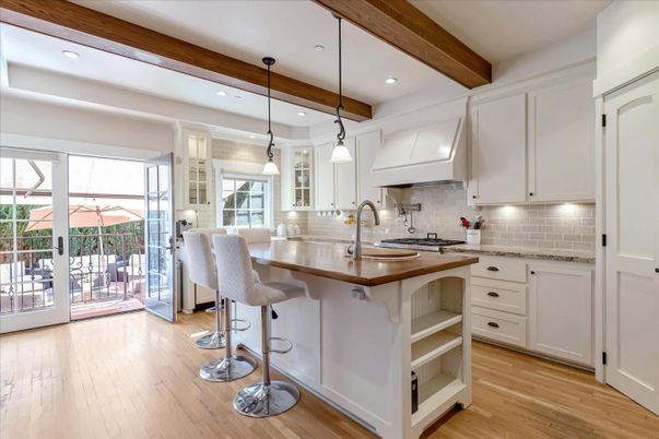 Interior, Kitchen, Pendant Lights, Recessed Lighting, Wooden Beams, Wood Texture Flooring
