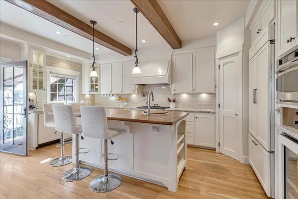 Interior, Kitchen, Pendant Lights, Recessed Lighting, Stainless Steel Appliances, Wooden Beams, Wood Texture Flooring