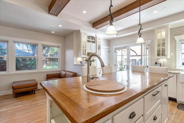 Interior, Kitchen, Pendant Lights, Recessed Lighting, Wooden Beams, Wood Texture Flooring