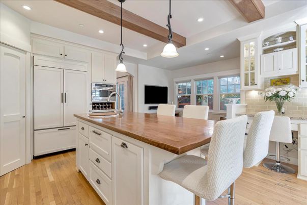 Dining room, Interior, Kitchen, Pendant Lights, Recessed Lighting, Stainless Steel Appliances, Wooden Beams, Wood Texture Flooring