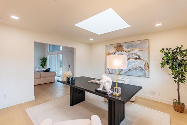 Home Office, Interior, Living room, Recessed Lighting, Wood Texture Flooring