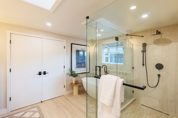 Bathroom, Free Standing Baths, Glass Shower, Interior, Recessed Lighting, Wood Texture Flooring