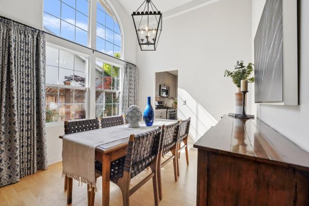 Dining room, Interior, Pendant Lights, Wood Texture Flooring