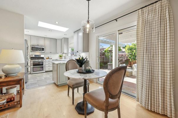 Dining room, Interior, Kitchen, Pendant Lights, Recessed Lighting, Stainless Steel Appliances, Wood Texture Flooring