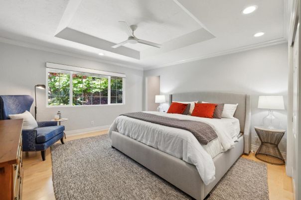Bedroom, Interior, Recessed Lighting, Wood Texture Flooring