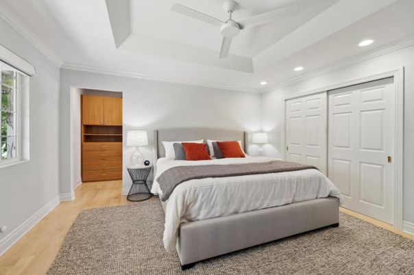 Bedroom, Interior, Recessed Lighting, Wood Texture Flooring