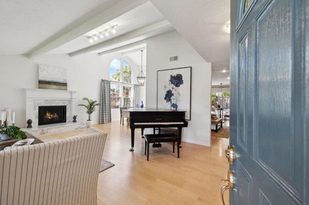 Fireplace, Interior, Living room, Pendant Lights, Piano, Wood Texture Flooring