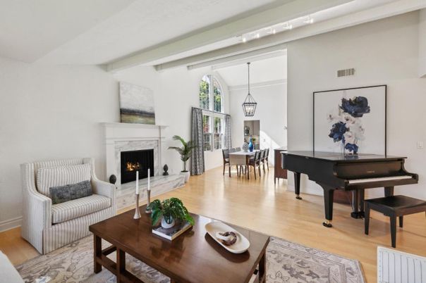 Dining room, Fireplace, Interior, Living room, Pendant Lights, Piano, Wood Texture Flooring