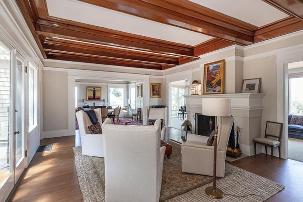 Dining room, Fireplace, Interior, Living room, Wooden Beams, Wood Texture Flooring