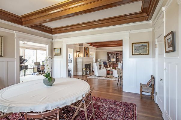 Dining room, Fireplace, Interior, Wooden Beams, Wood Texture Flooring