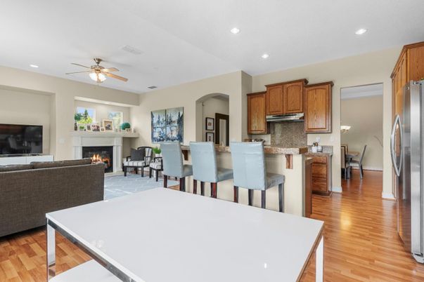 Dining room, Fireplace, Interior, Kitchen, Living room, Recessed Lighting, Wood Texture Flooring