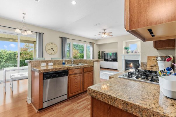 Fireplace, Interior, Kitchen, Pendant Lights, Recessed Lighting, Wood Texture Flooring