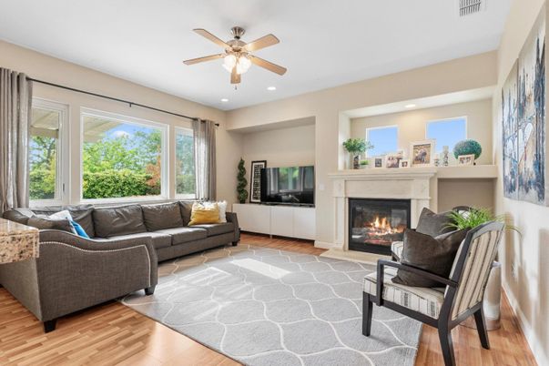 Fireplace, Interior, Living room, Recessed Lighting, Wood Texture Flooring