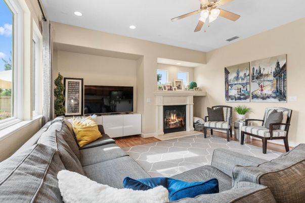 Fireplace, Interior, Living room, Recessed Lighting, Wood Texture Flooring