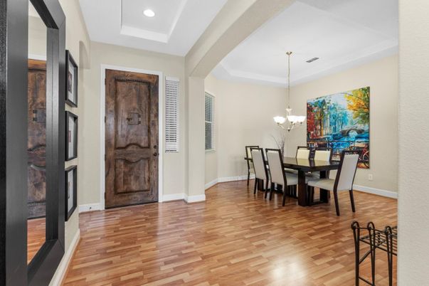 Chandelier, Dining room, Interior, Recessed Lighting, Wood Texture Flooring