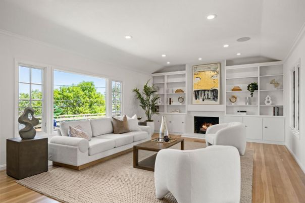 Fireplace, Interior, Living room, Recessed Lighting, Wood Texture Flooring