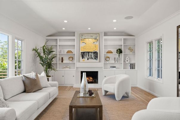 Fireplace, Interior, Living room, Recessed Lighting, Wood Texture Flooring
