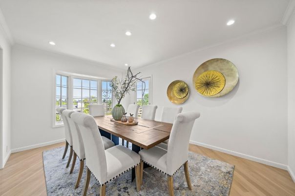 Dining room, Interior, Recessed Lighting, Wood Texture Flooring