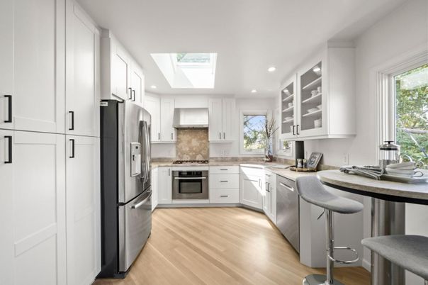 Interior, Kitchen, Recessed Lighting, Stainless Steel Appliances, Wood Texture Flooring