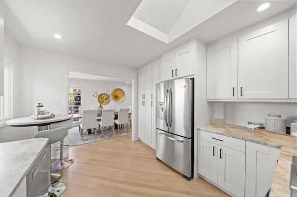 Dining room, Interior, Kitchen, Recessed Lighting, Stainless Steel Appliances, Wood Texture Flooring