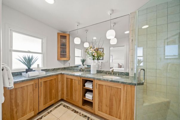 Bathroom, Dual Sink Vanities, Glass Shower, Interior, Pendant Lights, Recessed Lighting
