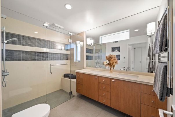 Bathroom, Dual Sink Vanities, Glass Shower, Interior, Recessed Lighting