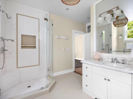 Bathroom, Glass Shower, Interior, Wood Texture Flooring