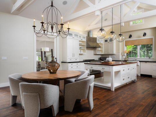Dining room, Fireplace, Interior, Pendant Lights, Wood Texture Flooring