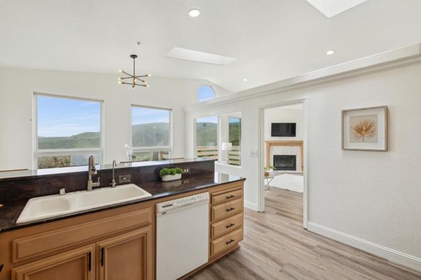 Fireplace, Interior, Kitchen, Pendant Lights, Recessed Lighting, Wood Texture Flooring