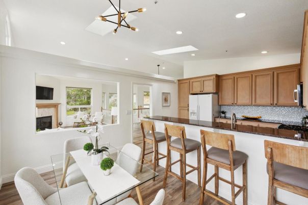 Dining room, Fireplace, Interior, Kitchen, Pendant Lights, Recessed Lighting, Wood Texture Flooring