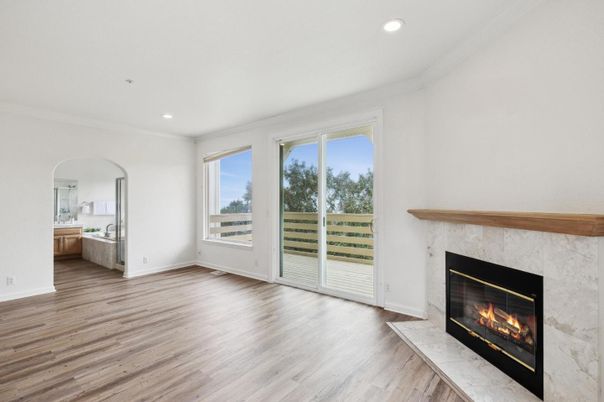 Empty room, Fireplace, Interior, Recessed Lighting, Wood Texture Flooring