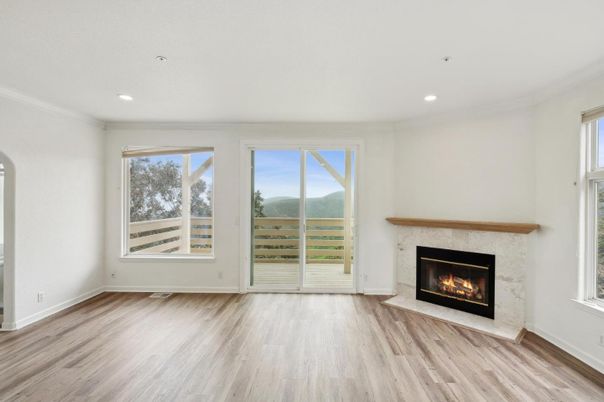 Empty room, Fireplace, Interior, Recessed Lighting, Wood Texture Flooring