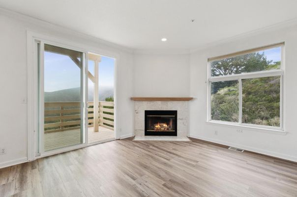 Empty room, Fireplace, Interior, Recessed Lighting, Wood Texture Flooring